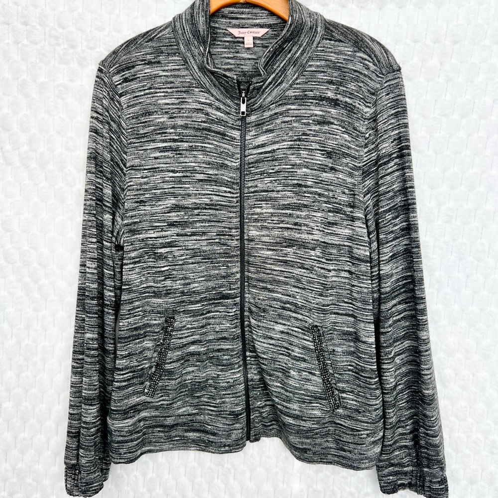 Juicy Couture Heather Gray Size Large Zip Up Sweater Women’s Jeweled Pockets